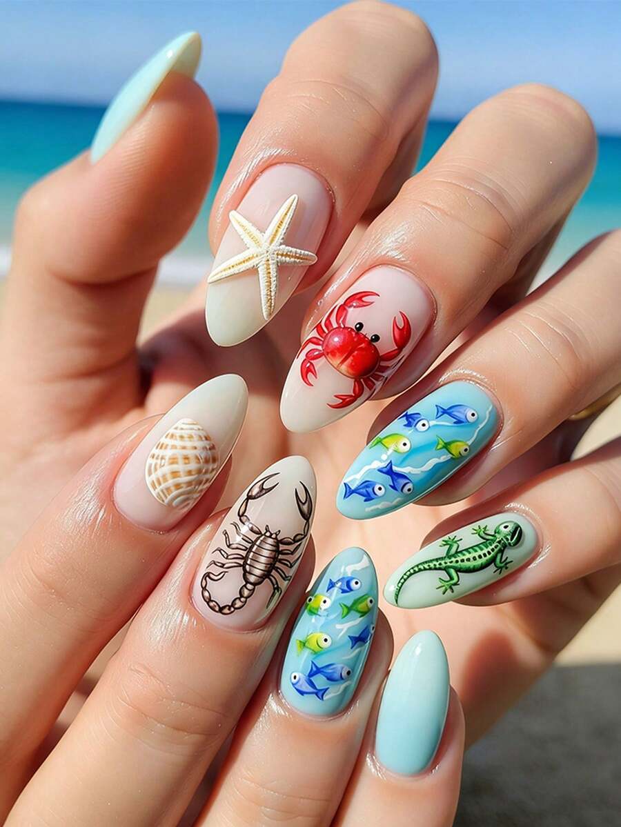 24片夏季海滩主题美甲贴纸,短款杏仁形假指甲,贝壳图案,可爱海星亚克力美甲,海洋主题法式美甲,适合女性 - 彩色 - 查看 1