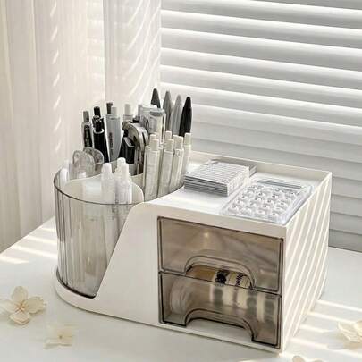 1pc Small/Large Revolving Cylinder Storage Box With Drawer For Desktop Stationery & Desk Organization, Office Pen Holder Shelf