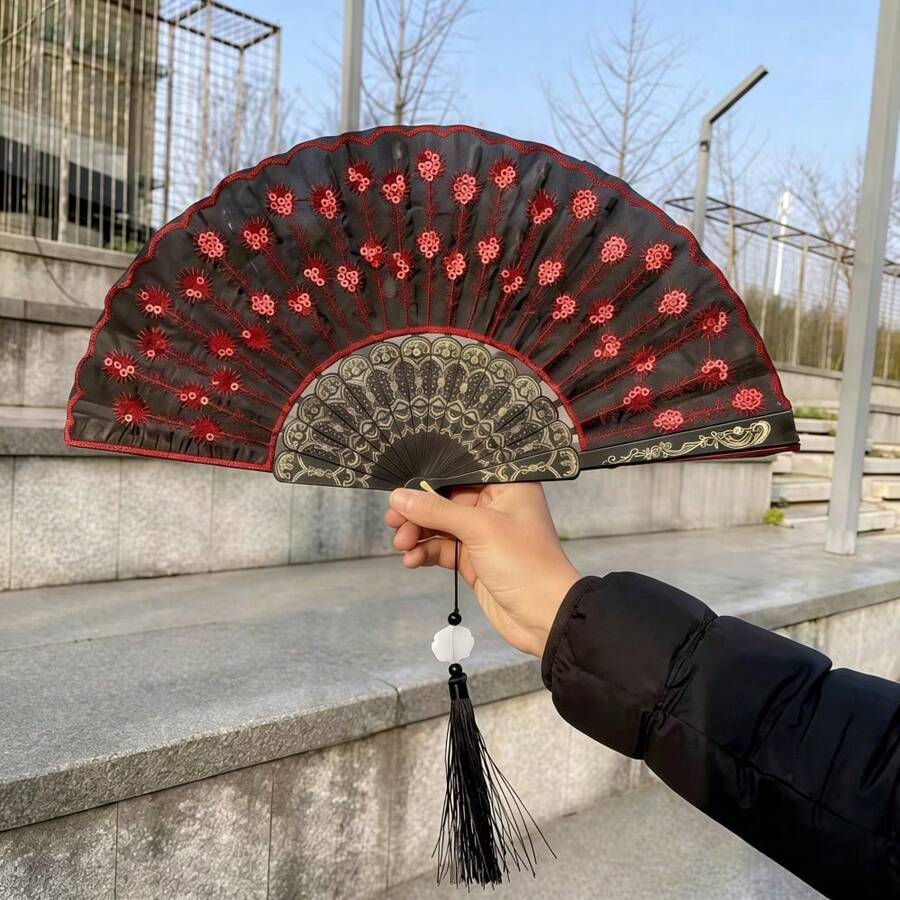 1pc Elegant Embroidered Folding Hand Fan, Plastic Summer Dancing Fan, Vintage Peacock Tail Fan, Embroidered Folding Fan For Performance, Suitable For Daily Photos, Parties And Events, Available In Multiple Colors For Summer, Halloween, Christmas - Fan - View 1