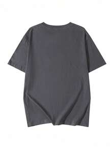Women's Casual Loose Round Neck Cartoon Cat & Letter Print Short Sleeve T-Shirt, Summer - Dark Grey - View 5