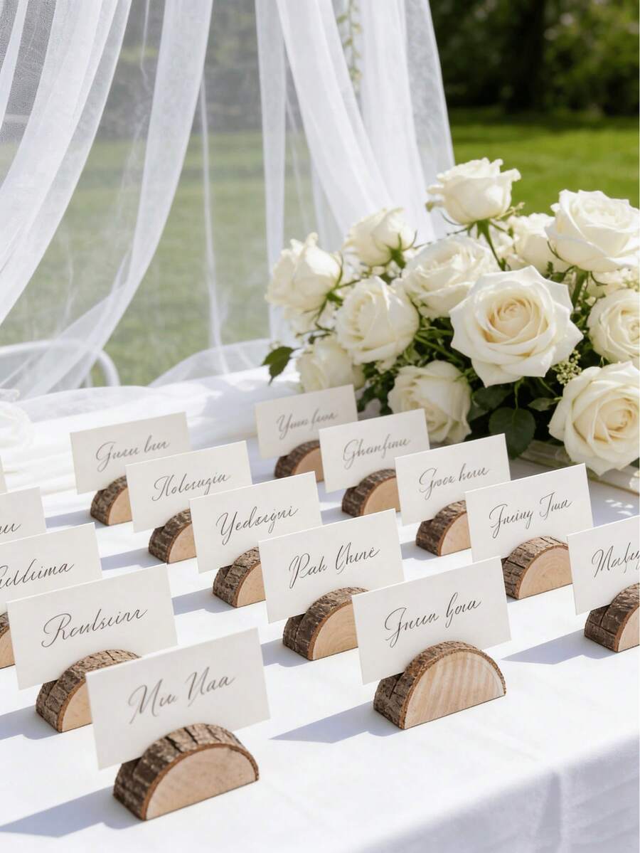 5/10 Sets Natural Wooden Tables And Stools - Rustic Style Wedding Table Decor, Semi-Circle Table Number And Message Card Holders, Elegant Wedding, Party And Banquet Table Decorations, Sturdy Wooden Frames, Party Table Accessories Including Kraft Paper, Ideal For Wedding Season, Birthday Party, Wedding, Events And Celebrations - Wooden Ornaments - View 1