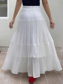 EARO Flowy White Pleated Skirt, Women's Fashion Long Fabric A-Line Skirt, Chiffon Draping Elegant & Versatile - White - View 3
