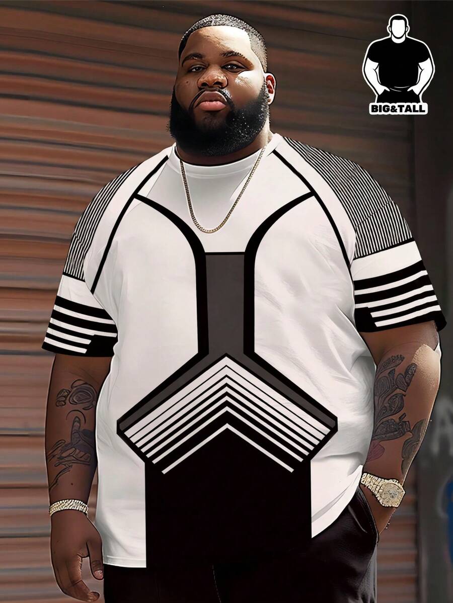 Plus Size Men's Geometric Line Short Sleeve T-Shirt, Black & White Contrast Functional Design, Loose Fit Slimming Top Sports - Black and White - View 1