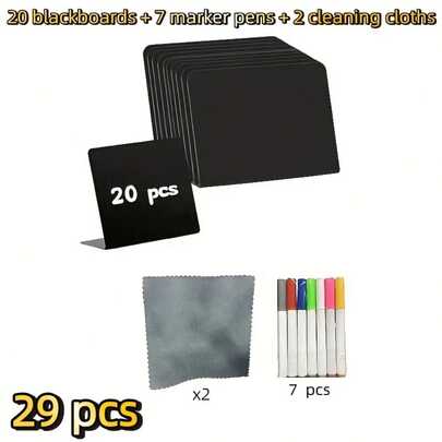 29件套迷你黑板标签（20块黑板+7支彩色可擦马克笔+2块清洁布），可擦PVC桌面标签架，竖式价格标签，小型黑板标签，办公用品及配件，适用于自助餐、派对、烘焙店、咖啡馆、活动、家庭、餐厅