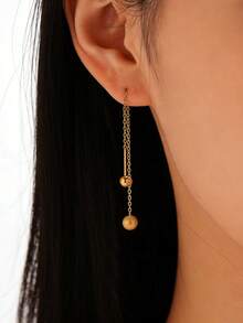 18K Gold Plated 1pair Women's Stainless Steel Long Chain Drop Earrings, Minimalist Dual Ball Dangle Design For Gift & Daily Wear - Yellow Gold - View 1