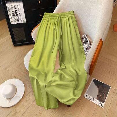 1 pieza Pantalón con cordón de tela tejida de unicolor, adecuado para vacaciones, escuela, fiesta, aeropuerto, escenario y uso en conciertos, acabado brillante para otoño/invierno