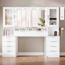 Large Vanity Table (150 Cm), Power Outlet, 11 LED Lights (3 Colors), 10 Drawers, Jewelry Storage, Plenty Of Storage Space, White-Silver - 查看 1