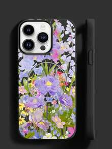 Matte Magnetic Phone Case For IPhone 16 Pro Max, 15 Pro Max, 11, 12, 13, 14 Pro Max, 14 Plus, 16 Plus, Solid Color, Shockproof Back With Purple Floral Oil Painting Style - Gold - View 4