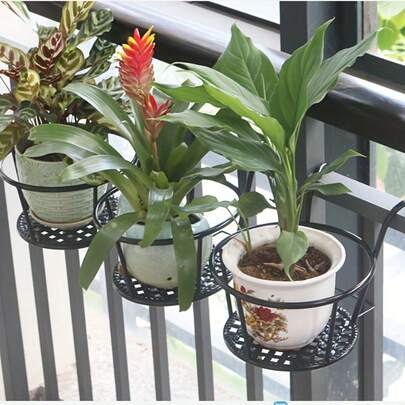 一套1个锻铁悬挂式花盆架，带挂钩，花盆容器，金属植物悬挂篮架，悬挂式花架，花盆容器配件，花架收纳架，适用于围栏、露台、阳台、户外植物、圆形铁艺栏杆阳台多肉植物和绿色植物盆栽架