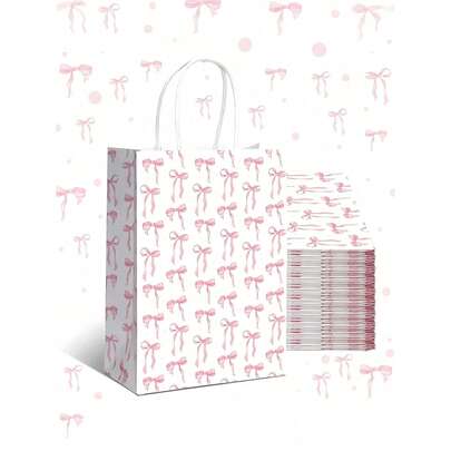 10pcs Pink Bow Paper Gift Bags, Suitable For Women's Valentine's Day, Galentine's Day, Birthday, Party, Bridal Shower, Baby Shower, Graduation, Mother's Day, Wedding Party, With Handles