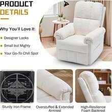 Chair, Swivel Rocker Recliner Chair For Adults, Small Recliners For Small Spaces, Upholstered Manual Recliner With Side Pockets, Nursery Rocking Chair For Living Room, Chenille, Beige - Beige - View 9