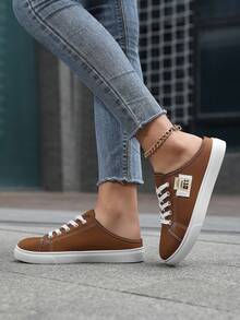 Giày mule vải bố dành cho nữ, giày thể thao xỏ chân, dép vải bố màu trơn thời trang và thoải mái, giày thường ngày cho nữ. - màu nâu - Xem 4