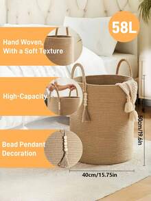 1pc Large Foldable Laundry Basket With Handle, Storage Basket, Bead Pendant Decoration Storage Basket, Hand Woven Storage Basket, Suitable For Living Room, Bedroom, Home, Clothing Storage, Toy Storage, Pillow Storage, Blanket Storage, Gift Storage, Christmas, Birthday Party, Gift Storage - Multicolor - View 3
