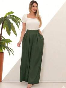 Women's Wide Leg High Waist Wide Leg Pants - Hijau Tentara - View 9