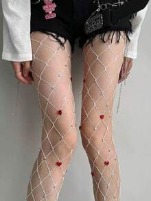 Heart Rhinestone Fishnet Stockings, Shiny Rave Party Tights For Women - Multicolor - View 3