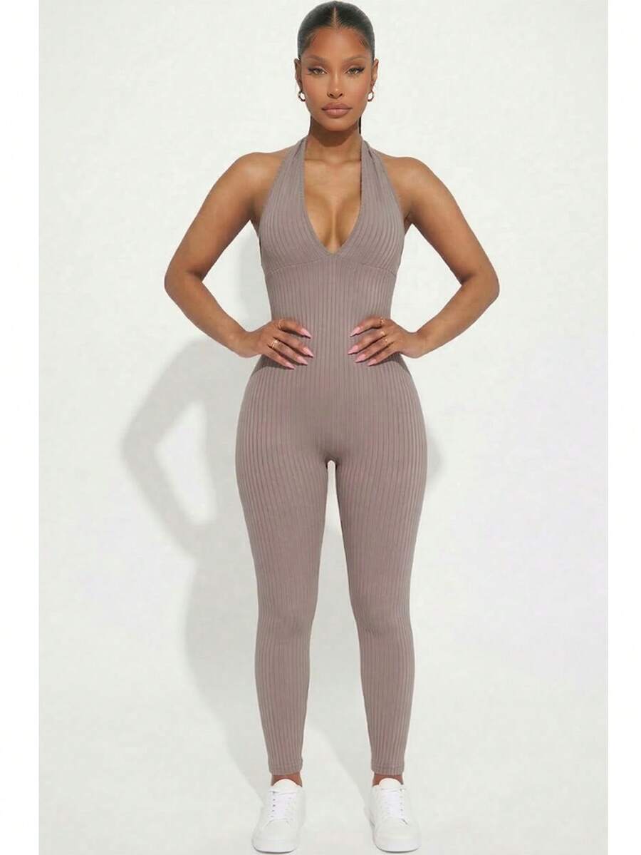 Women's Rib Knit Halter V-Neck Bodycon Jumpsuit - Casual Solid Color, Slim Fit Summer Jumpsuit, Polyester, Machine Washable - Taupe - View 1