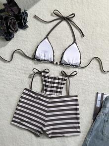 Lucky Girl Bộ bikini 3 món nữ mùa hè, quần short dây quai mảnh họa tiết kẻ sọc, thắt dây hai bên eo, đi biển nghỉ dưỡng - Trắng nâu - Xem 3