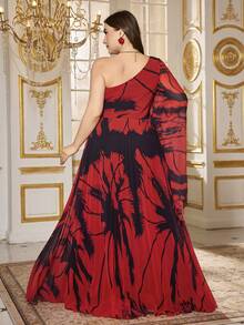SUPGIR 【随机裁剪】不对称单肩长袖不对称设计奢华3D立体花卉装饰多色雪纺晚礼服 - 紅色 - 查看 2