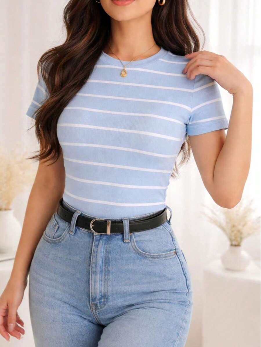 Women's Basic Ribbed Cotton Striped Blouse - Baby Blue - View 1