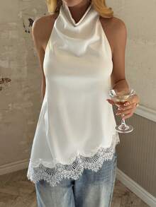 纯色蕾丝拼接垂褶领衬衫，适合夜间外出、办公室、生日派对、返校派对、单身派对等场合，白色 - 白色 - 查看 1