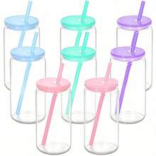 4/8个装可重复使用塑料杯，带塑料盖和吸管，啤酒罐造型塑料杯，适用于威士忌、冰咖啡、茶、汽水、鸡尾酒，16盎司透明杯 - 彩色 - 查看 12