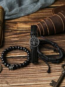 3件套波西米亚风皮革编织生命之树天然虎眼石珠弹力手链 - 彩色 - 查看 2