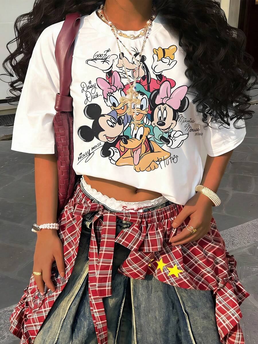 Disney Y2K Style Classic Characters Group Photo Signature Short Sleeve T-Shirt - 白色 - 查看 1