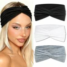 3 pièces Bandeaux croisés et noués de couleur unie pour femmes, accessoires capillaires d'été pour plage, vacances et voyages avec imprimés géométriques rayés colorés et léopard rétro - Multicolore - Voir 3