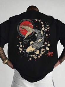 Men's Japanese Koi Fish And Cherry Blossom Print T-Shirt - 100% Pure Cotton, Soft, Round Neck, Short Sleeves, AvailableBlack - 黑色 - 查看 1