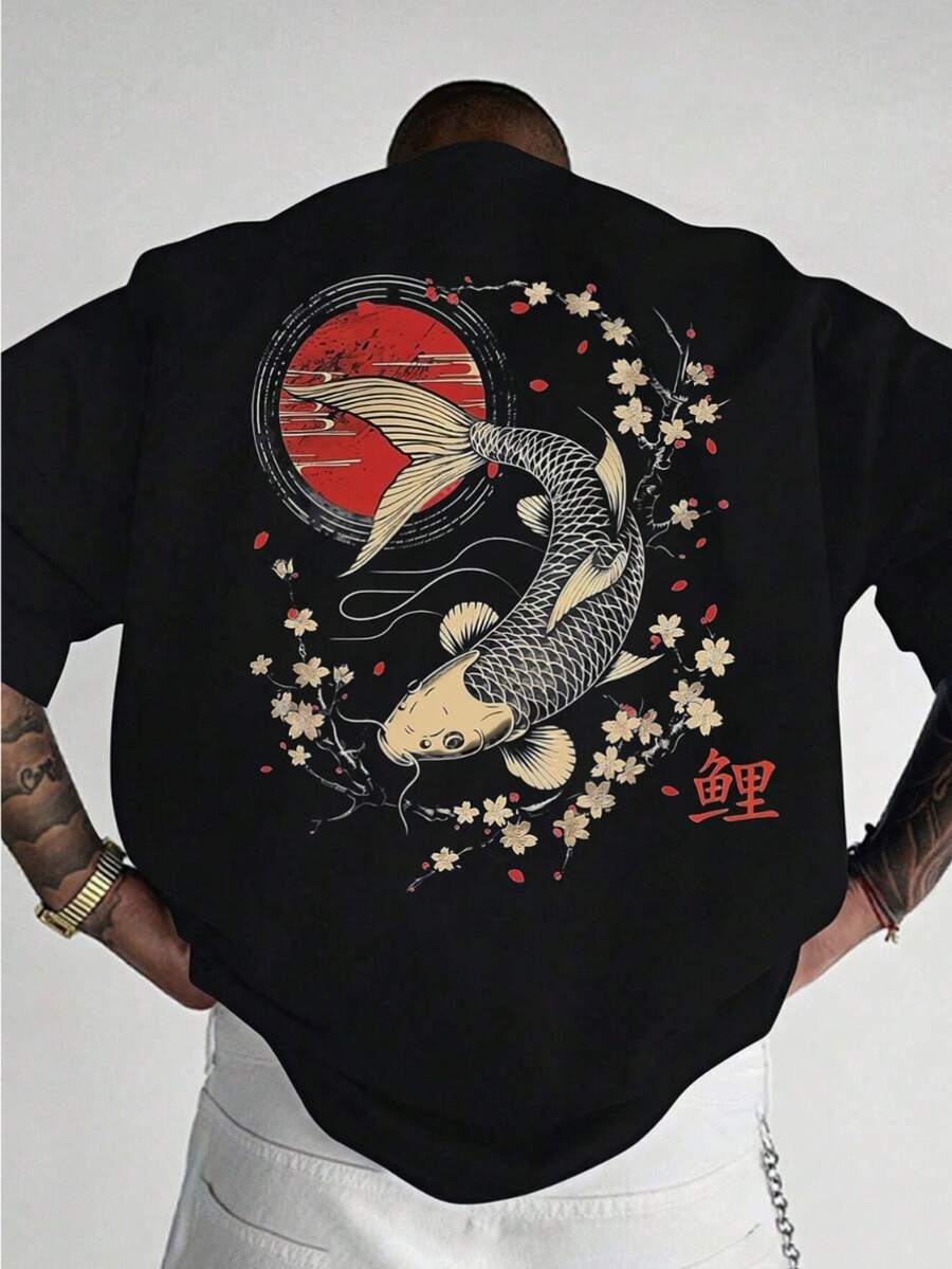 Men's Japanese Koi Fish And Cherry Blossom Print T-Shirt - 100% Pure Cotton, Soft, Round Neck, Short Sleeves, AvailableBlack - 黑色 - 查看 1