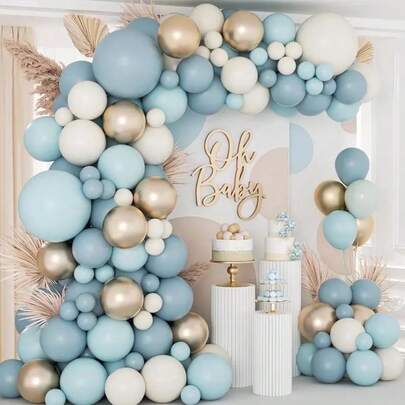 124pcs Dusty Blue Balloons Arch Garland Kit, Dusty Baby Blue Sand White Metallic Gold Balloons For Bridal Shower Gender Reveal Birthday