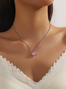 1 pieza Collar con colgante de corazón de vidrio con estilo de moda Y2K europeo y americano, regalo para mujeres en el Día de San Valentín - rosa plateado - Ver 6