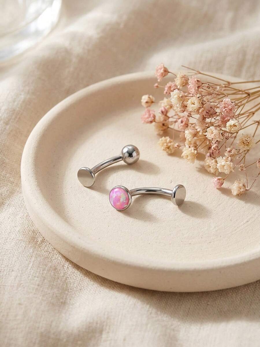 2 chiếc khuyên rốn nổi cho nữ, làm bằng hợp kim titan, có ren trong, đính đá opal, kiểu tạ rốn phẳng 10mm 12mm 14mm - Nhiều màu - Xem 1