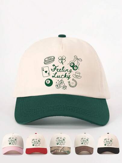 1pc Printed "Feeling Lucky" Color Block Baseball Cap, Adjustable Sun Protection Casual Hat Suitable For Spring/Autumn Travel, Versatile Sunshade Hat, Y2K Style For Young People