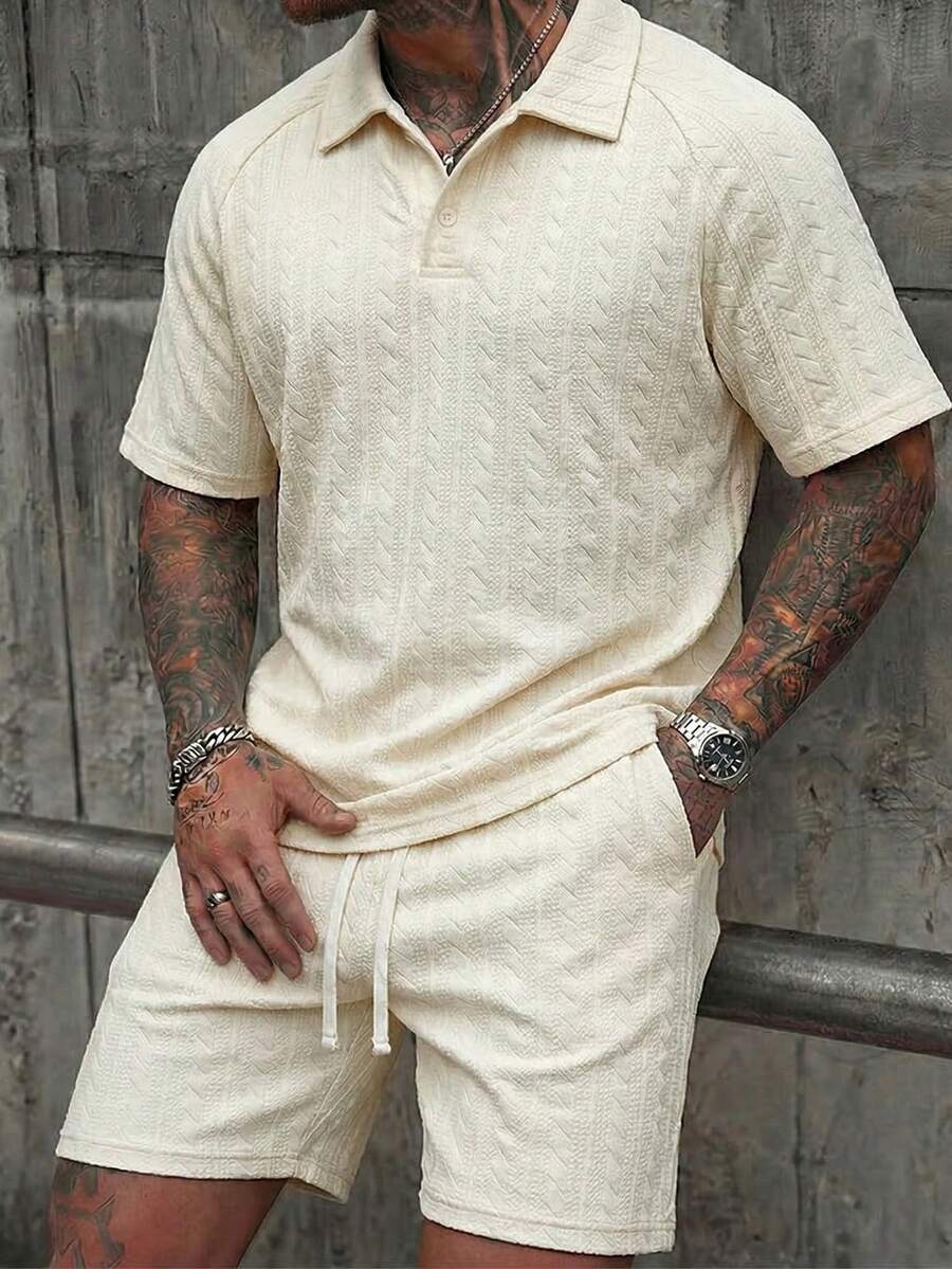 Conjunto de 2 piezas de camiseta polo de manga corta con media cremallera y cuello, y pantalones cortos con cordón en la cintura, de unicolor, diseño versátil con bolsillos laterales, suave y transpirable, para hombre en verano - Albaricoque - Ver 1