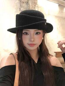 1件法式黑色女帽，秋冬復古時尚帽，可顯臉小，捲邊水桶帽，戶外多用途，適合送給老師或朋友作為生日或開學季禮物 - 彩色 - 查看 5