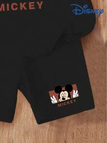 Disney 夏季女宝宝两件套，可爱卡通米奇字母印花T恤和短裤，休闲百搭 - 黑色 - 查看 5