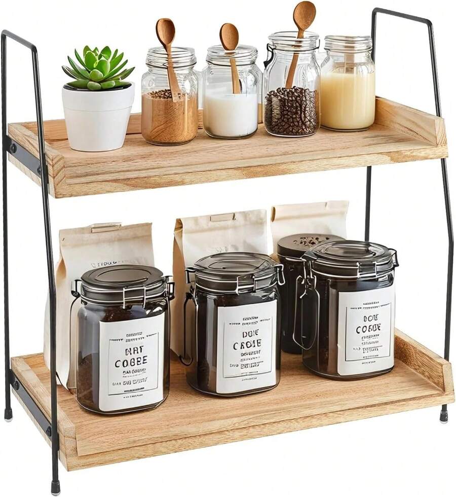 2-Tier Wooden Counter Organizer Storage Rack, Multi-Purpose Standing Shelf For, Coffee Station, Kitchen, Office, Spice & Dressing Table Storage