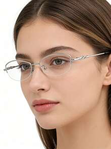 1PCElegant Semi-Rimless Metal Glasses For Women, Chain Link Temple Detail, Face Slimming Oval Frame, Office & Daily Wear - Silver - View 8