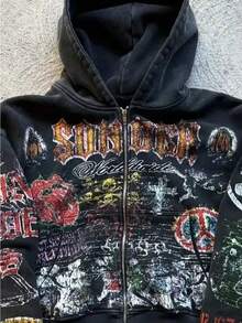 Vintage Graphic Zip Hoodie With Distressed Typography - Oversized Streetwear Featuring Skeleton Motif And Sleeve Print Panels, Brushed Cotton Pullover - Black - View 2