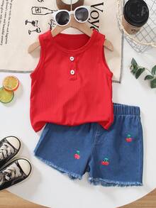 2pcs/Set Toddler Girls' Solid Color Round Neck Button Knit Fitted Vest + Loose Denim Cherry Print Shorts, Casual Summer Outfit - Red - View 1
