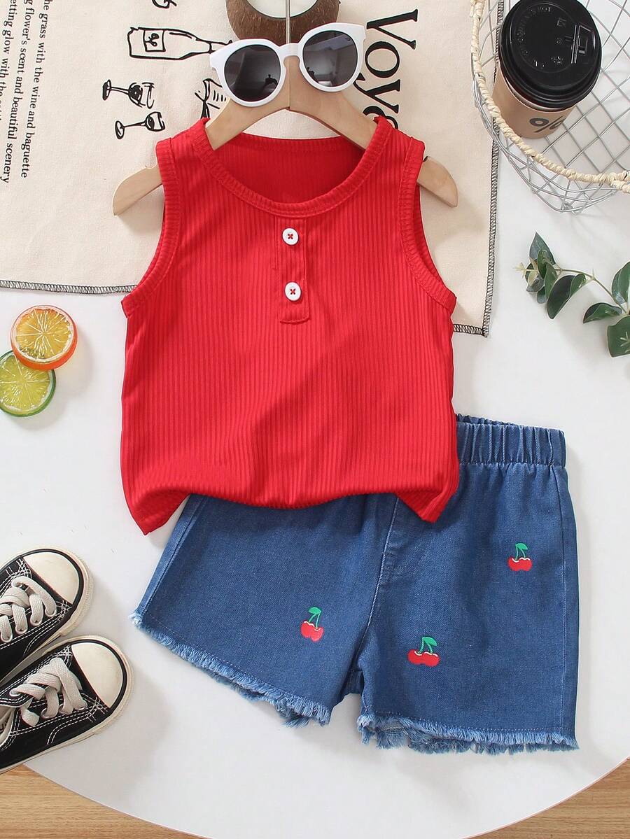 2pcs/Set Toddler Girls' Solid Color Round Neck Button Knit Fitted Vest + Loose Denim Cherry Print Shorts, Casual Summer Outfit - Red - View 1