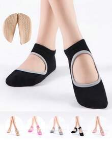 1双/3双装女士瑜伽普拉提舞蹈健身袜，专业运动防滑袜，带硅胶防滑垫，露背瑜伽袜，黑色 - 彩色 - 查看 2