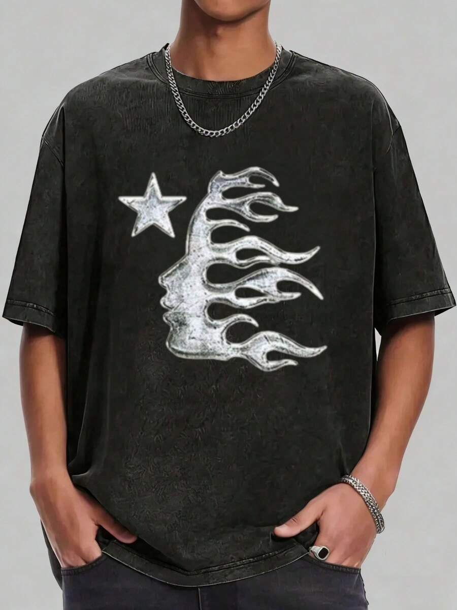 Hellstars Distressed Flame Profile Vintage Washed Print Round Neck Short Sleeve T-Shirt, 230g 100% Cotton T-Shirt, Summer Clothes, Men's Tops, Casual And Comfortable, Fashionable Graphic Tee, Unisex Style - 黑色 - 查看 1