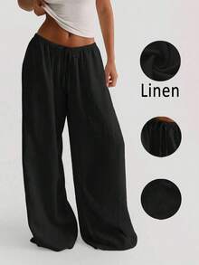 Pantalones anchos de lino sueltos, cómodos y versátiles para mujer, color blanco, para primavera - Negro - Ver 12