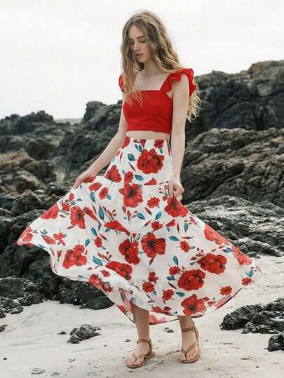 ZIAI Conjunto de falda y top corto con volantes de estilo boho floral para mujer, conjunto perfecto para el verano y vacaciones