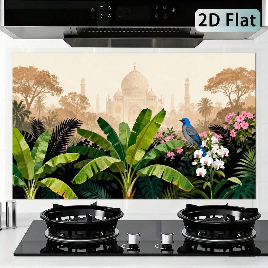 1pc Self-Adhesive Kitchen Backsplash Sticker, Tropical Plant Theme, Easy To Install And Clean, Oil-Resistant, Suitable For Walls In Dining Room, Living Room And Kitchen - Style 1 - View 1