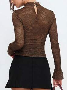 Elegant & Fashionable Multi-Purpose Lace Pleated Front Design Sheer Back Flare Sleeve Women's Top, Spring/Summer New Arrival, Summer Blouse - Brown - View 3