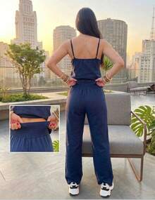 Set Includes A Tie-Front Top With Adjustable Straps And High-Waisted Wide-Leg Pants. Elegant And Comfortable Emily Brand. Casual Sets For Vacations And Offices. Suitable For All Seasons. - 藏蓝色 - 查看 2