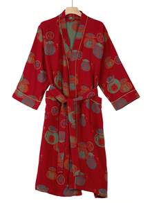 Women Solid Color Soft Bathrobe With Belt & Pockets, Long Sleeve Comfortable Loungewear Sleepwear Casual Soft Home Wear  Belted    Embroidery    Long Sleeve    Long    Bathrobe   Sleepwear  Loungewear  Nightgown - 磚紅色 - 查看 1